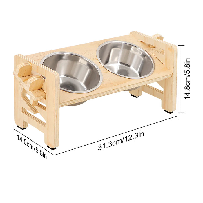Adjustable Wooden Raised Pet Bowl Stand with 2 Stainless Steel Bowls for Small Dogs & Cats