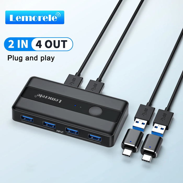 USB 3.0 KVM Switcher — 2 PC Inputs, 4 USB Outputs for Printers & Peripherals