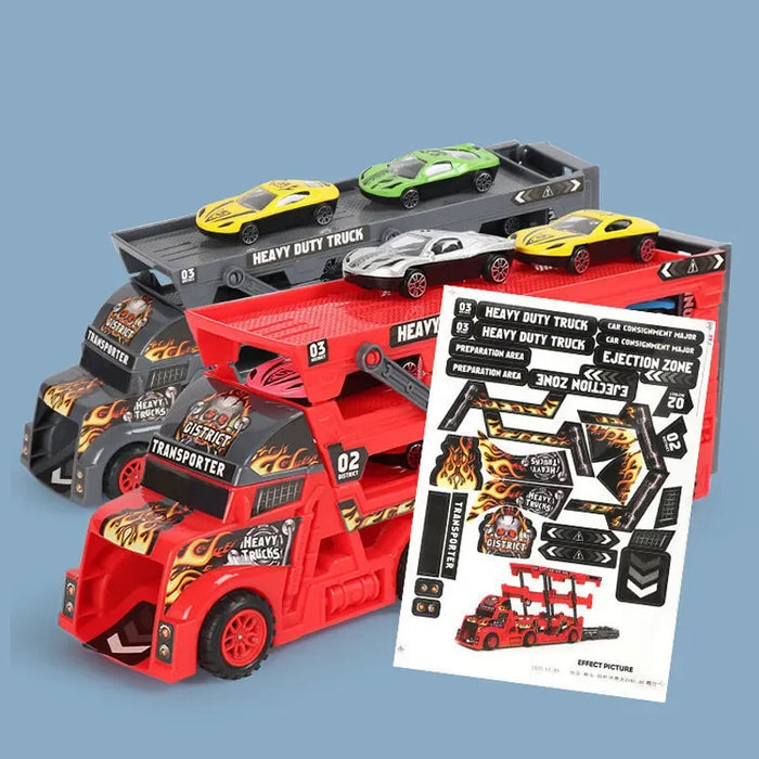7Pcs Car Model Set - Transport Car Large Truck Vehicles, Trailer, Three-Layer Folding, Ejection Railcar & Catapult Rail Toys - Ideal Playset for Boys