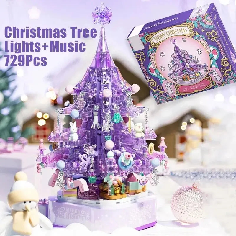 729PCS Purple Crystal Christmas Tree Music Box - Building Blocks Kits with LED Light, Innovative Home Decor - Ideal Holiday Gift for Kids and Creative Individuals