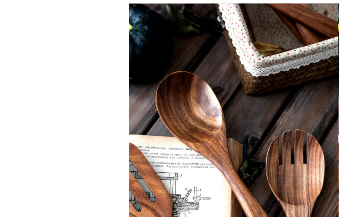 Natural Teak Wooden Kitchen Utensil Set — Modern, Eco-Friendly