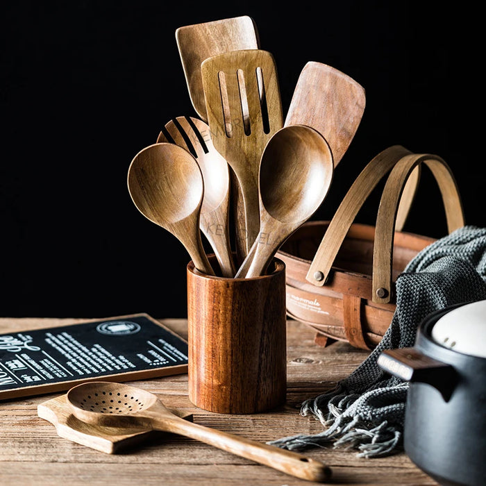 9-Piece Teak Wooden Kitchen Utensil Set with Holder