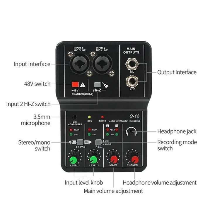 Q-12 Professional - Portable Mixer Sound Card with Monitor, Electric Guitar, Live Broadcast Recording, Studio Singing Tools for Computer PC - Ideal for Musicians and Broadcasters