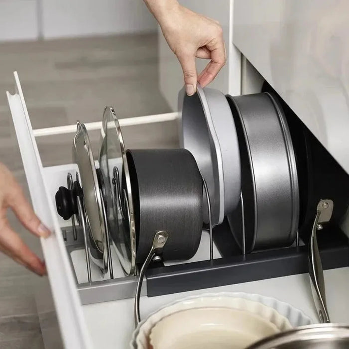 7‑Grid Telescopic Pot Rack – Adjustable Pots, Pans & Lid Organiser