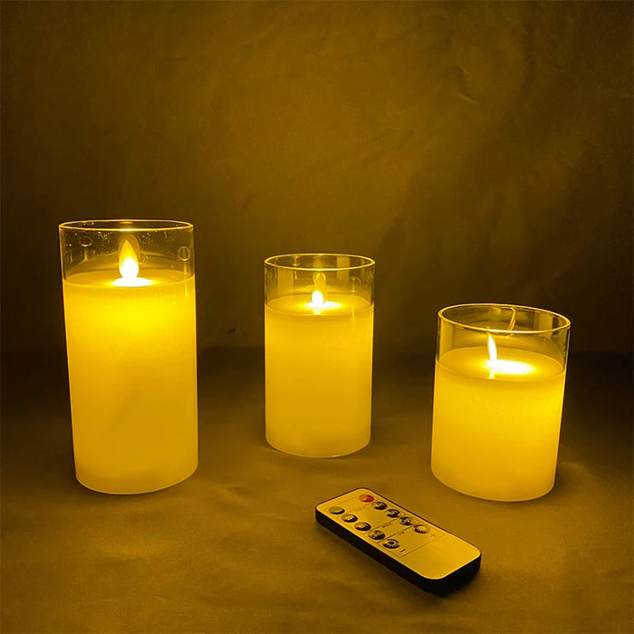 Set of 3 LED Glass Flameless Candles with Remote & Timer — 3 Sizes, 3 Colours