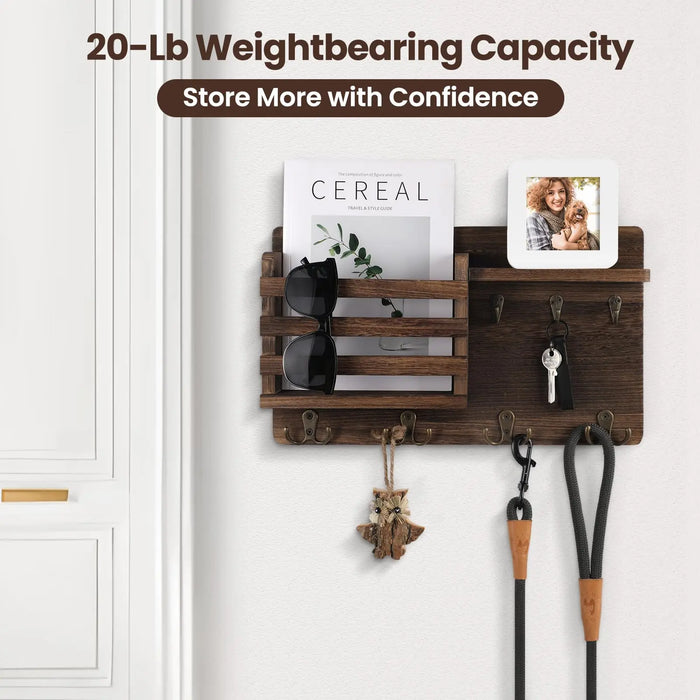 Rustic Wood Wall Mail Organiser with Key Hooks and Floating Shelf
