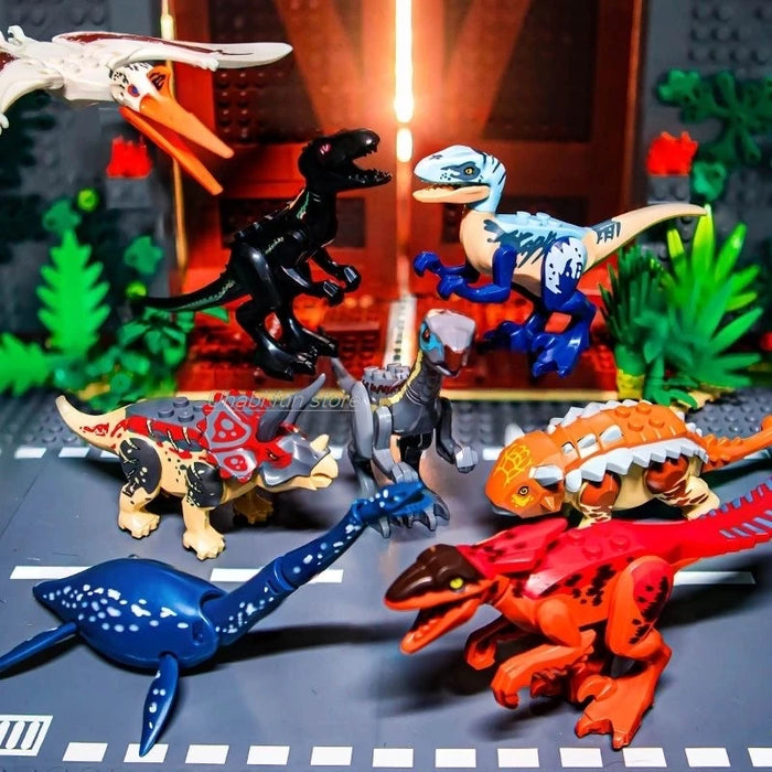 Jurassic Dinosaur Building Blocks - Velociraptor, Triceratops, Indominus & T‑Rex Models