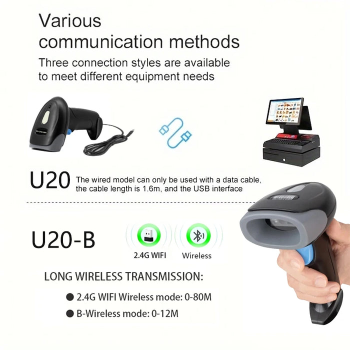 U20 Bluetooth & Wired 2D Barcode Scanner — Portable Handheld 1D/2D QR Reader