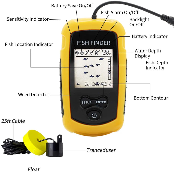 Portable 100m Sonar Fish Finder with Alarm — 45° Coverage Echo Sounder