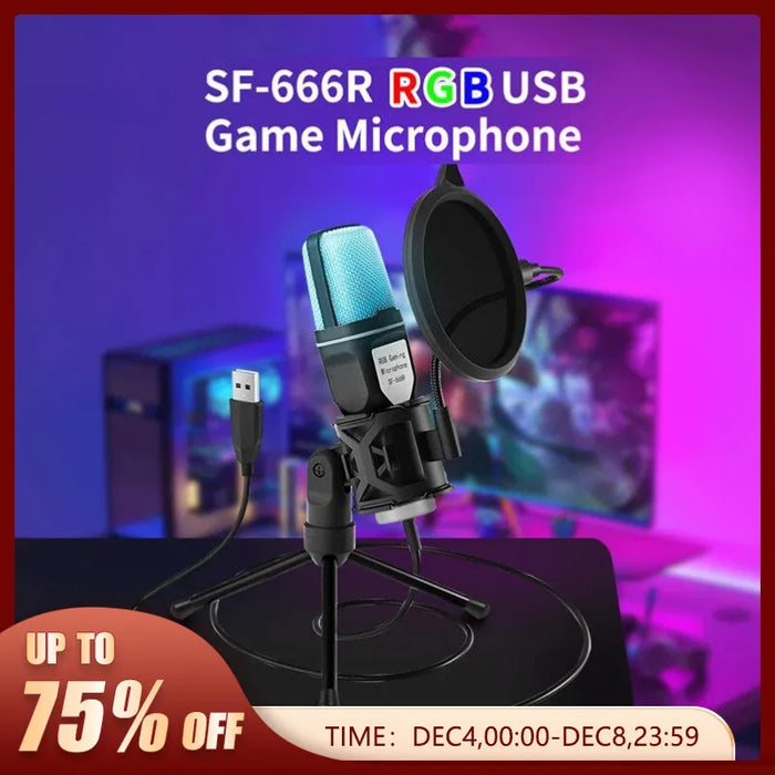RGB USB Micro Condenser Microphone - Wire Gaming Mic, Perfect for Podcast Recording, Studio Streaming, Laptop & Desktop PC - Ideal for Gamers and Podcasters