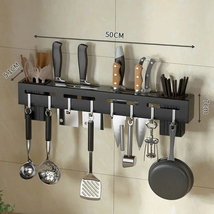Stainless Steel Wall-Mounted Knife Holder — Nail-Free, Black (30/40/50cm)