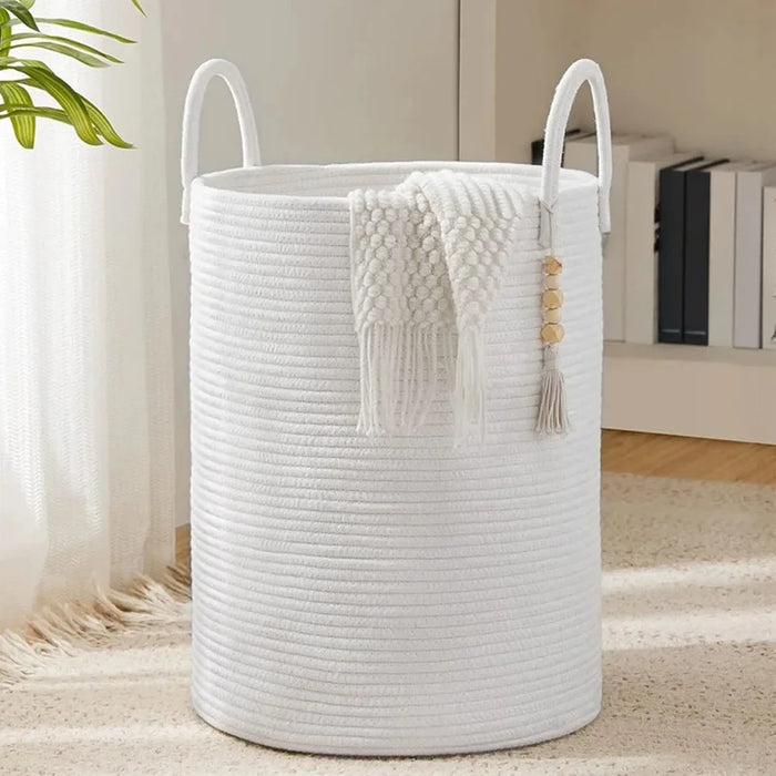 Large Tall Foldable Woven Storage Basket — Cotton-Rope Laundry Hamper