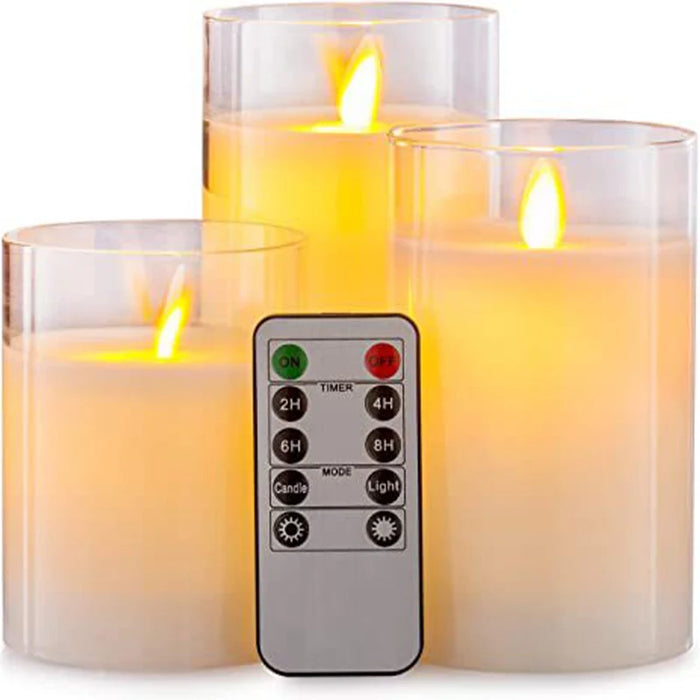 Set of 3 LED Glass Flameless Candles with Remote & Timer — 3 Sizes, 3 Colours