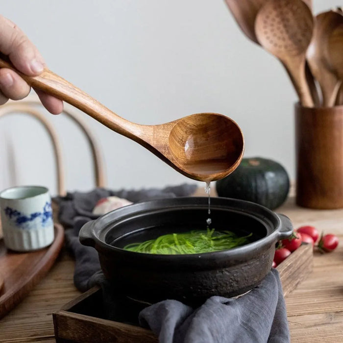 Natural Teak Wooden Kitchen Utensil Set — Modern, Eco-Friendly