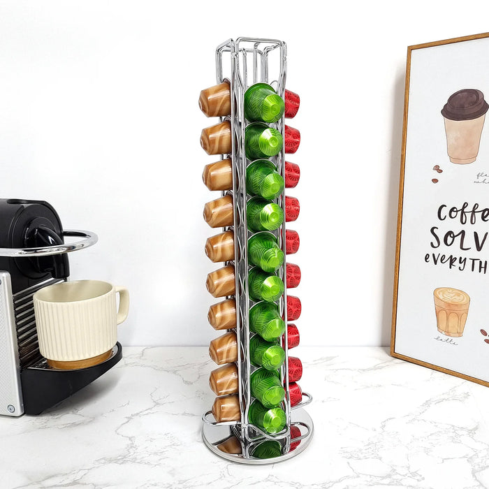 40‑Pod Rotating Coffee Capsule Holder — Metal Stand for Nespresso, Vertuo & Dolce Gusto (Black / Silver / Rose Gold)