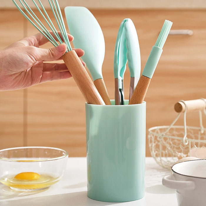 12-Piece Silicone Kitchen Utensil Set with Wooden Handles, Non-Stick