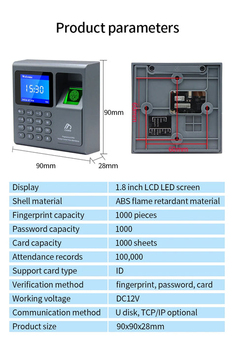 Fingerprint & RFID Access Control Time Recorder — 1000 Users, USB Attendance
