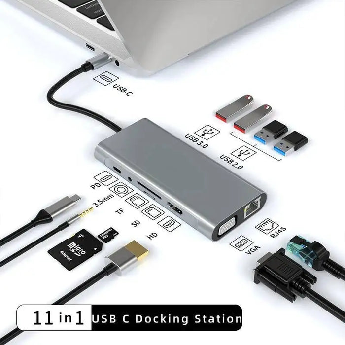 USB‑C 11‑in‑1 Docking Station — 4K HDMI, VGA, 100W PD, 100Mbps Ethernet, SD/TF & Audio for MacBook