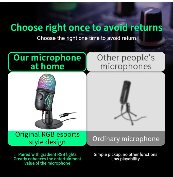 USB Gaming Condenser Microphone with Headphone Jack, LED & Noise Reduction