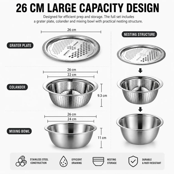 4-in-1 Stainless Steel Mixing Bowl Set – Grater Lid, Colander & Airtight Cover (Stovetop Safe)