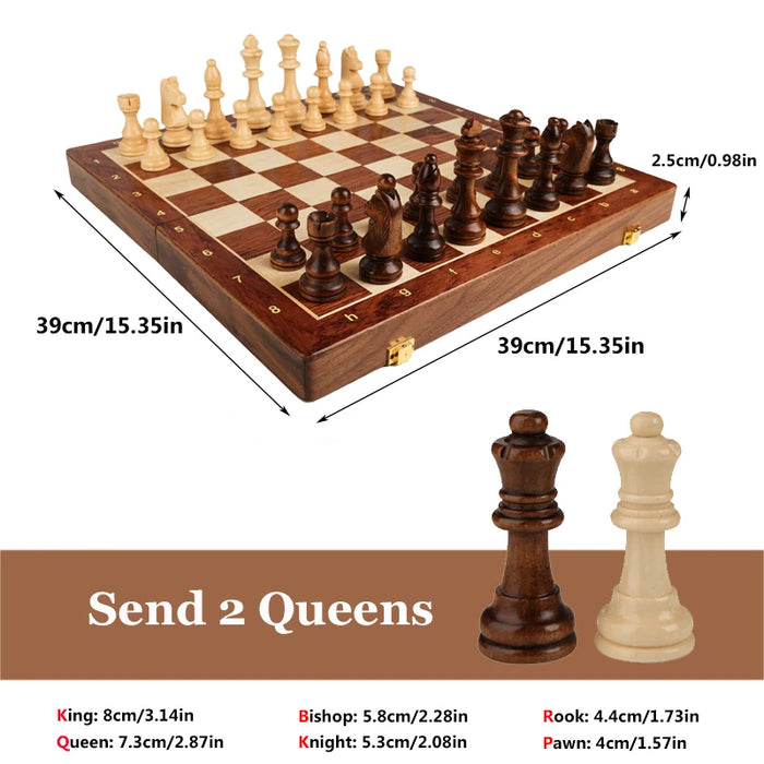 15" x 15" Folding Walnut Chess Set with Solid Wooden Pieces