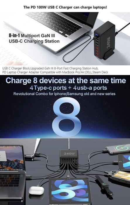 240W 6‑Port GaN PD Charger — 4 Type‑C & 2 USB‑A, Travel USB Tower for iPhone, iPad & MacBook