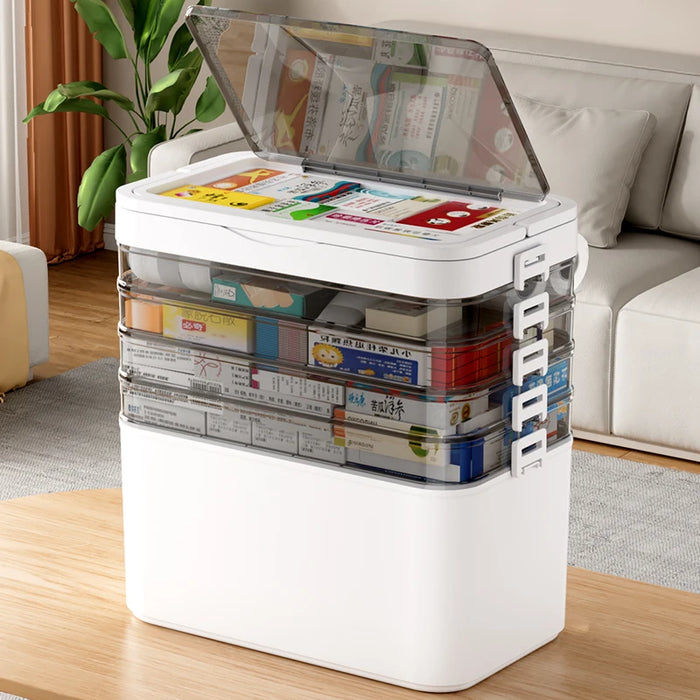 White Portable Medicine Storage Box — Heavy-Duty Plastic Organiser with Drawers & Doors (4/5/6 Floors)