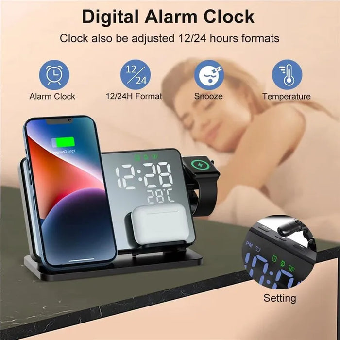 Wireless 4 in 1 Charger Stand - Fast Charging Dock Station with Alarm Clock & Temperature Display for iPhone 14/13 & Samsung S22/S21 - Ideal for Galaxy Watch Owners