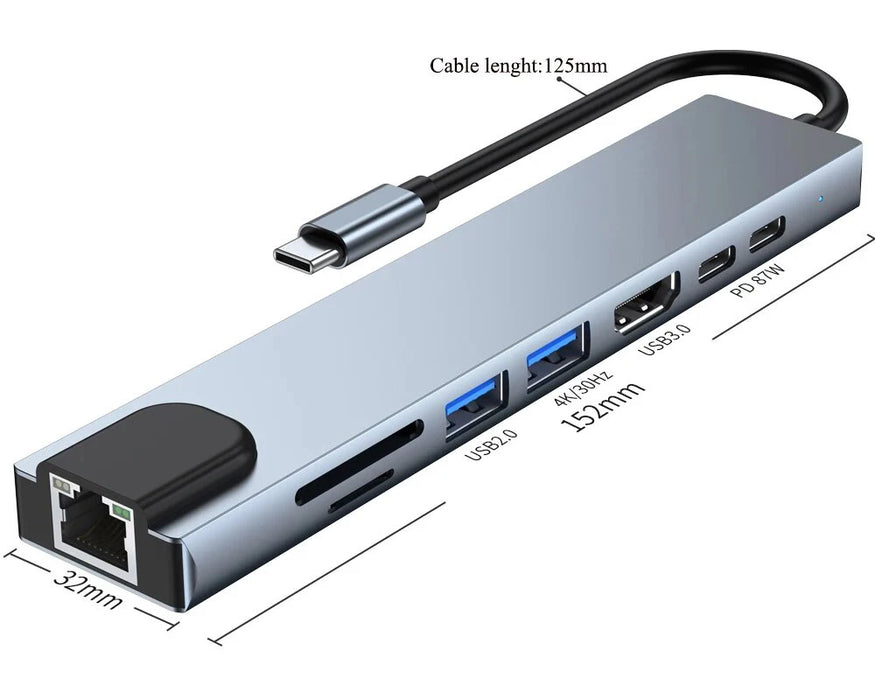 USB‑C 8‑in‑1 Hub — HDMI 4K@30Hz, 100W PD, RJ45 100Mbps, Dual SD/TF, USB 3.0