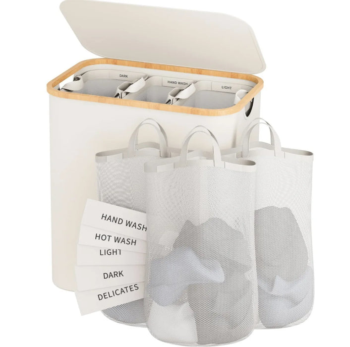 Slim Laundry Hamper — 100L or 160L Bamboo Basket with Removable Washable Bag & Handles