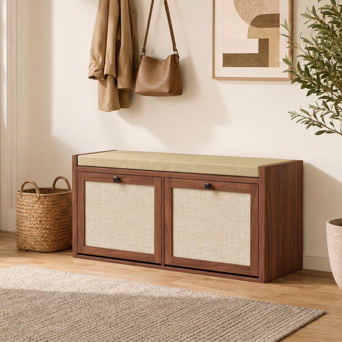 HOMCOM Rattan Shoe Bench with Padded Cushion and 2 Cabinets for Hidden Storage, Brown