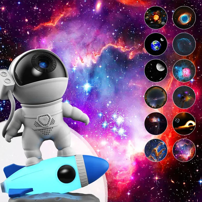 Rocket Astronaut Galaxy - Night Light Projector with 13 Film Pieces & 360° Rotation - Ideal Planetarium Lamp for Kids Bedroom