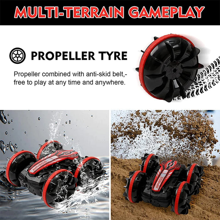 RC Multi Terrain Stunt Car - Amphibious Vehicle with Double-Sided Flip, Drifting & Radio Control Options - AmazeFun Ideal Outdoor Toy for Boys and Perfect Children's Gift