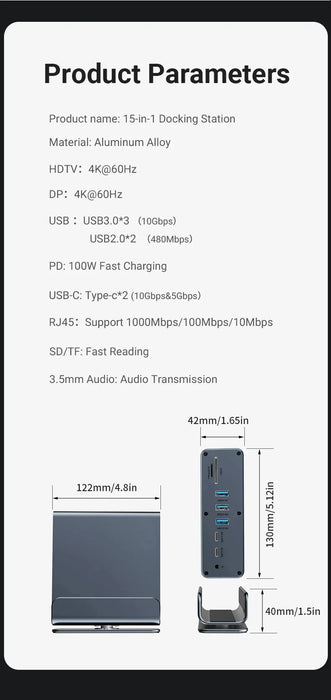 15‑in‑1 USB‑C Docking Station — Dual HDMI & DP 4K@60Hz, PD100W, Gigabit Ethernet, SD/TF, Audio