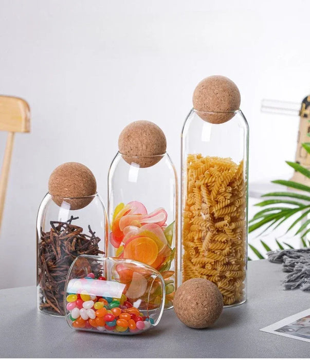 Hand‑blown Glass Storage Jars with Ball Cork Stopper — Transparent Kitchen Organiser for Tea, Spices & Nuts