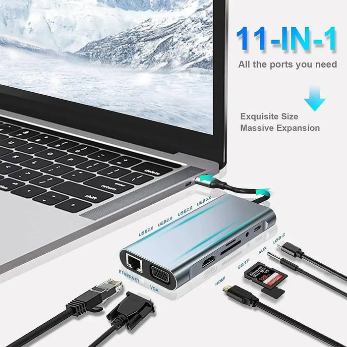USB‑C 11‑in‑1 Docking Station — 4K HDMI, VGA, 100W PD, 100Mbps Ethernet, SD/TF & Audio for MacBook