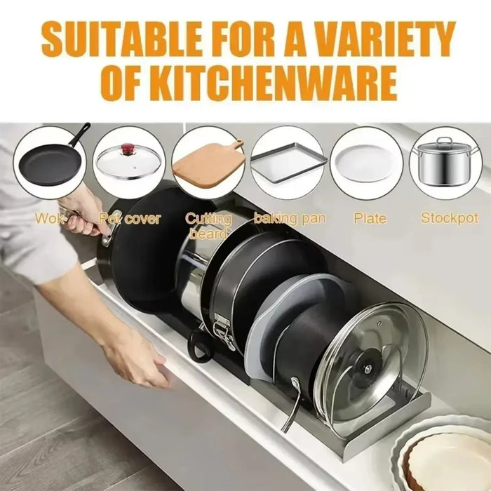 Expandable Pots & Pans Storage Rack for Cabinets — 6 Adjustable Shelves, Pot & Lid Holder