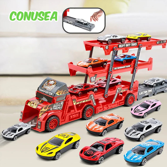 7Pcs Car Model Set - Transport Car Large Truck Vehicles, Trailer, Three-Layer Folding, Ejection Railcar & Catapult Rail Toys - Ideal Playset for Boys
