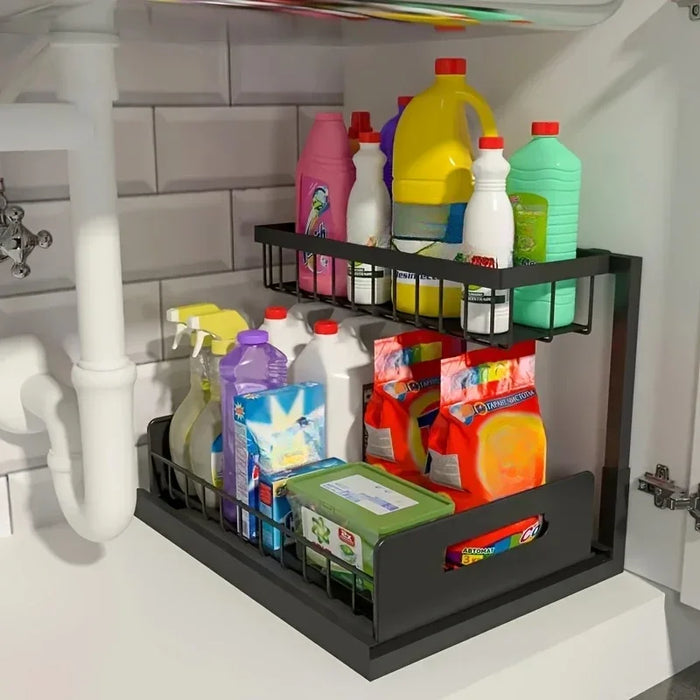 Under‑sink 2‑Tier Pull‑Out Storage Organiser – 36×27×28cm, Black or White