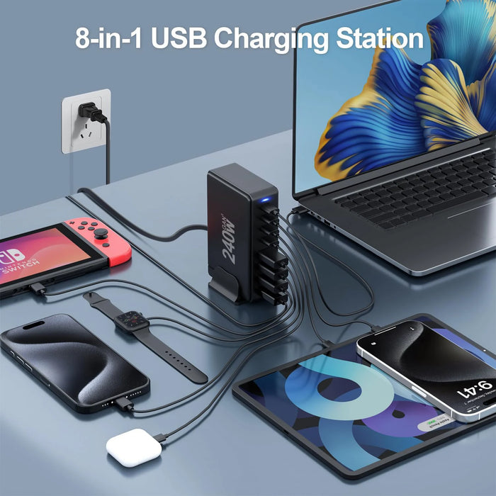 240W 6‑Port GaN PD Charger — 4 Type‑C & 2 USB‑A, Travel USB Tower for iPhone, iPad & MacBook