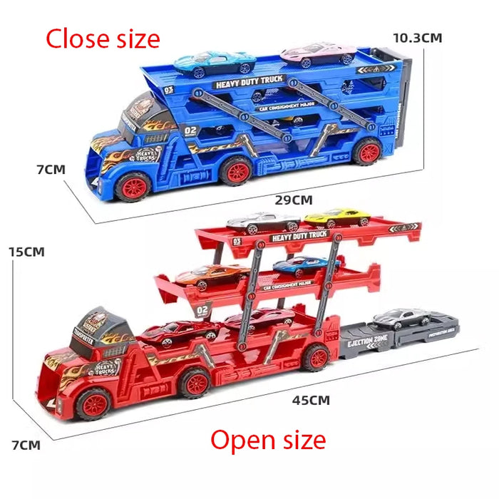 7Pcs Car Model Set - Transport Car Large Truck Vehicles, Trailer, Three-Layer Folding, Ejection Railcar & Catapult Rail Toys - Ideal Playset for Boys