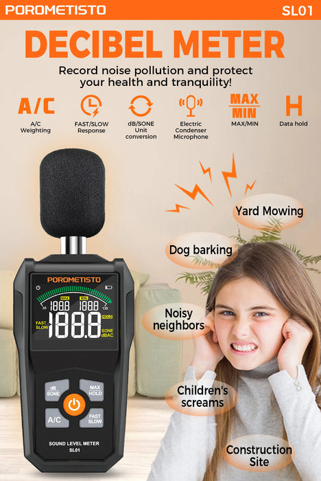 POROMETISTO-SL01 Digital Sound Level Meter — Handheld 30–130 dB A/C Weighted