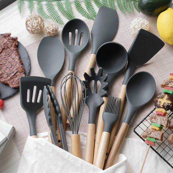 12-Piece Silicone Kitchen Utensil Set with Wooden Handles, Non-Stick