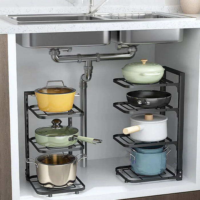 Under-Cabinet Pot & Pan Organiser Rack — Height Adjustable, Heavy-Duty Stainless Steel (3/4/5 Tier, Black)
