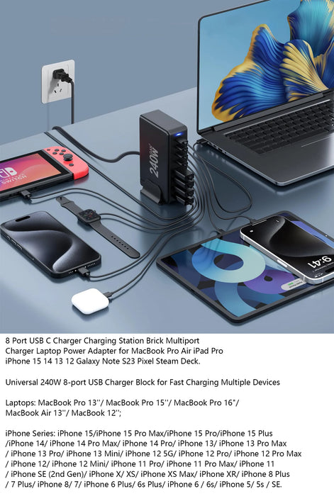 240W 6‑Port GaN PD Charger — 4 Type‑C & 2 USB‑A, Travel USB Tower for iPhone, iPad & MacBook