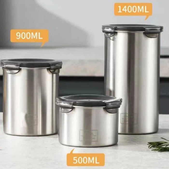 Stainless Steel Airtight Food Storage Jar — 500ml / 900ml / 1400ml, Sealed Canister with Locking Clamp