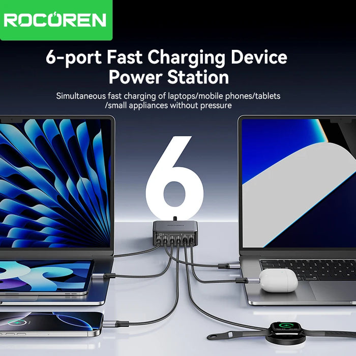 200W GaN 6-in-1 Desktop USB-C PD Charger — 4× USB-C, 2× USB-A