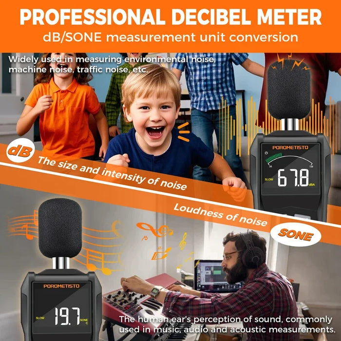 POROMETISTO-SL01 Digital Sound Level Meter — Handheld 30–130 dB A/C Weighted