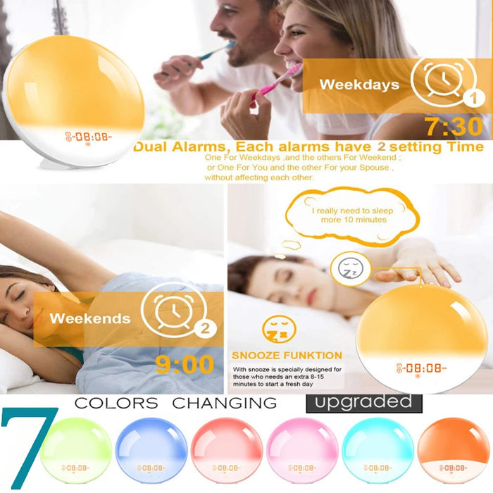 Wake Up Light Alarm Clock with Sunrise & Sunset, Dual Alarms, FM Radio, 7 Colours
