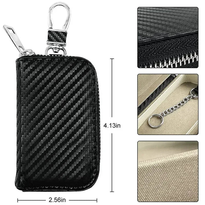 Car Key Signal Blocker Pouch - PU Leather Faraday Key Fob Case (Black, Zipper)